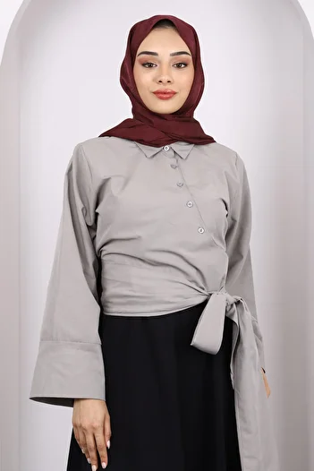 İmajButik Gray Tie Waist Crop Shirt