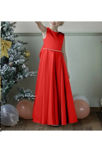 MadyaButik Satin Flower Girl Dress with Pearls at Waist and Bow Round Neckline