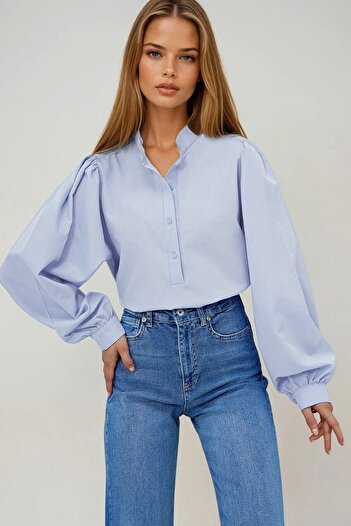 VAGGON Women's Lilac Judge Collar Button Front Balloon Sleeve Poplin Woven Blouse Prm0577