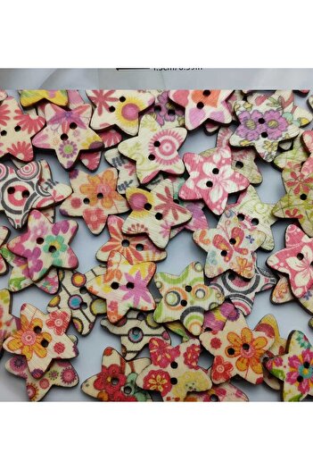 beyna aksesuar Wooden Painted Star 1.5 cm Two Hole Mixed Color Button 1 Pack 8 Pieces