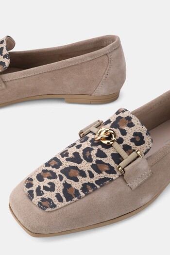 TUNAELLİ Women Beige Suede Khaki Natural Leather 36-41 Number Leopard Patterned Buckle Ballet Flat
