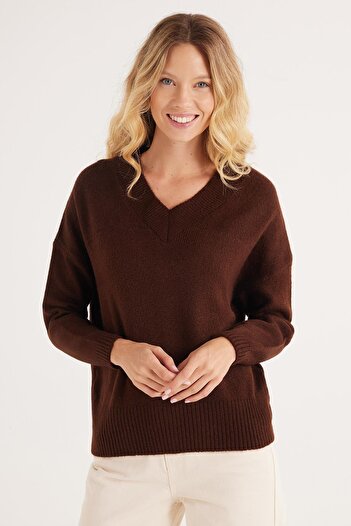 Tudors Women's Slim Fit Slim Fit V-Neck Brown Sweater