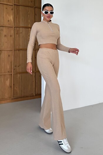 MODAGEN Women's Beige Half Zipper Crop Top with Bottom Pants Set