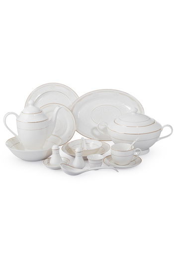 Dania 70-piece porcelain dinner set, white with gold lines, for 6 people