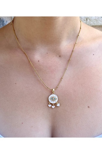 milayk White Color Eye Figured Heart Detailed Steel Necklace