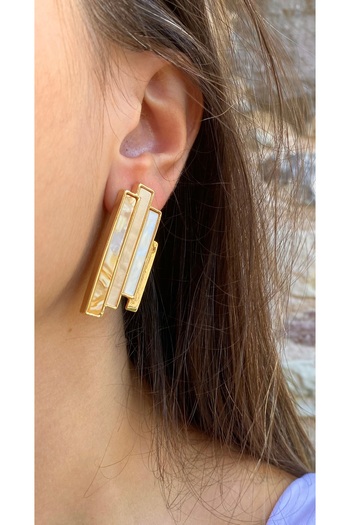 milayk Geometric Line Earrings Cream Color White Gold