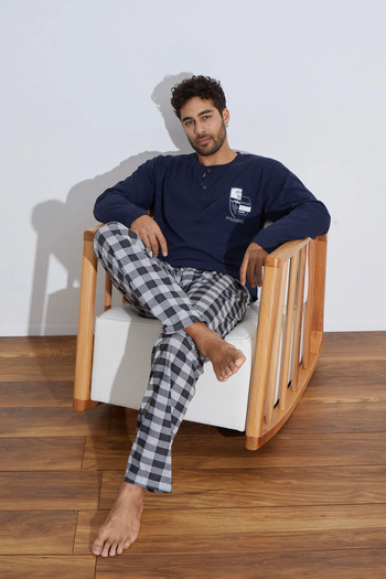 Ayans Pijama Σετ ανδρικές πιτζάμες με καρό μακρυμάνικο χτενισμένο βαμβακερό μονό ζέρσεϋ (λεπτό)