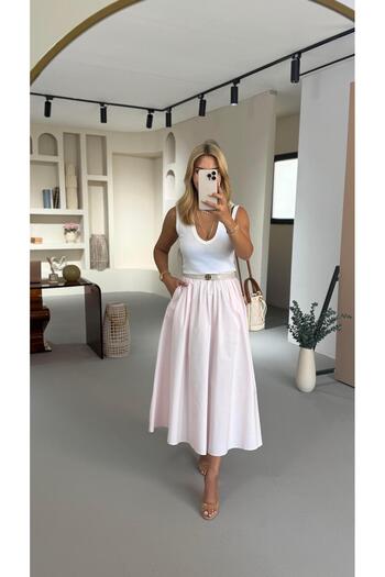 Sezgi Tekin Premium Series Pleated Powder Pink Poplin A-Line Skirt