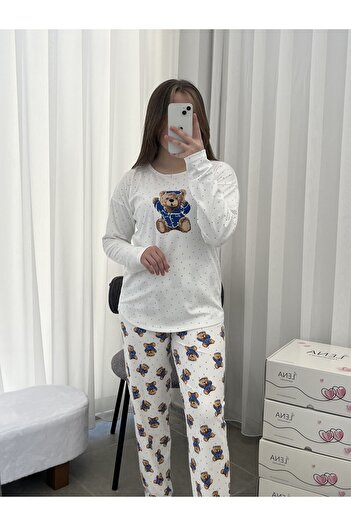 Lena Homewears Ecru Teddy Bear Patterned Crew Neck Pajama Set