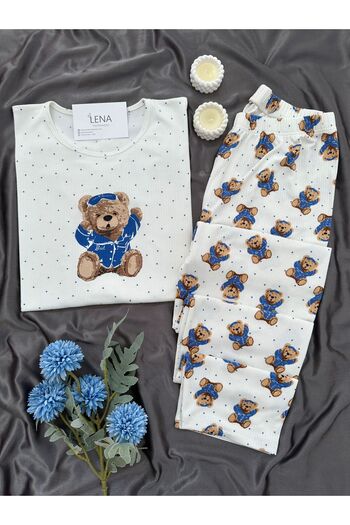 Lena Homewears Ecru Teddy Bear Patterned Crew Neck Pajama Set