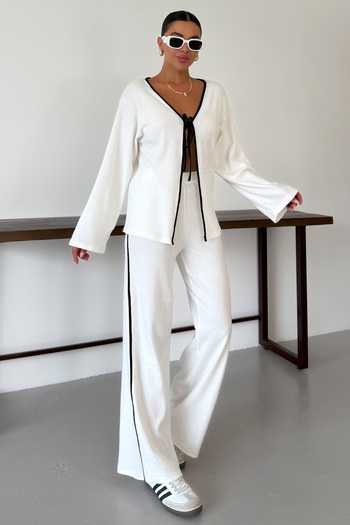 MODAGEN Women's White Front Tie Detailed Piping Bottom-Top Trouser Suit