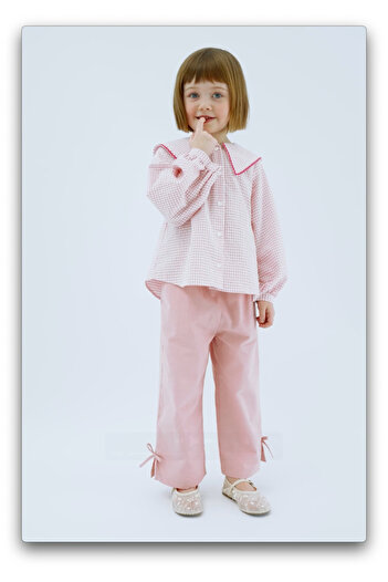 Magu Girls' Cotton Pink Checkered Shirt Collar Blouse Bow Pants Bottom-Top Set