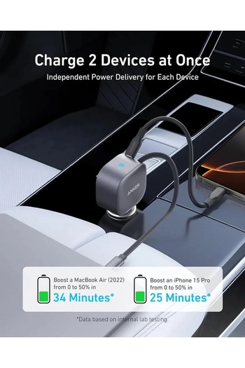 Anker Anker Nano Car Charger 75W USB-C Port Retractable USB-C Cable Silver