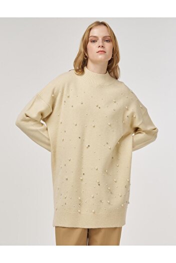Kayra Πλεκτό με λεπτομέρεια μαργαριτάρι Tunik Cream