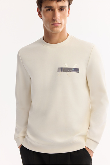 Avva Men's Ecru Crew Neck Chest Hologram Print Interlock Sweatshirt A52Y1260