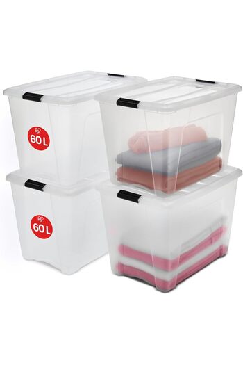 STOREMAX Sellbuyst Ohyama Storage Boxes with Lids, 60L, Set of 4, Transparent, Secure Buckles, Stackable