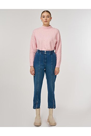 Kayra Zipper Detailed Denim Trousers Navy Blue
