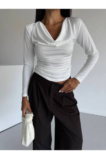 Cuyka Degaje Collar Draped Long Sleeve Slim Fit Blouse