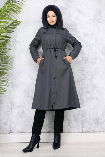 TRENDTESETTÜR Women's Gray (Antrasite) Fur Coat with Hood t 3501