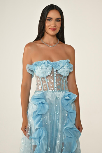 ALFABETA Strapless Corset Transparent Waist Tulle Long Dress