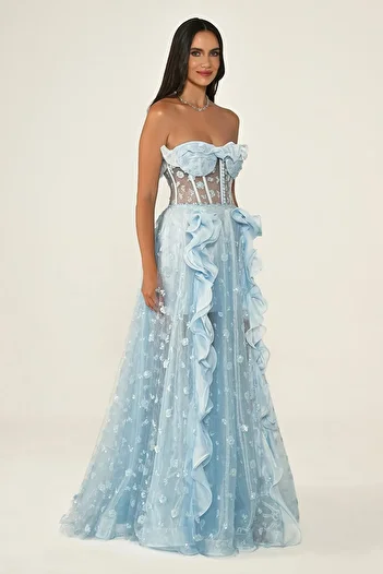 ALFABETA Strapless Corset Transparent Waist Tulle Long Dress