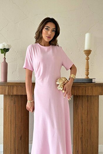 trend_ermege Powder Pleated Crew Neck Dress