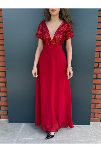 trend_ermege Women's Short Sleeve Deep V Neck A-Line Pulpayet Detail Chiffon Bridesmaid Dress