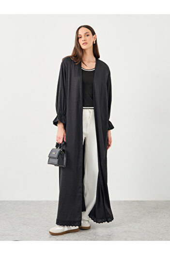 Styli Women Black Lace Trim Regular Fit Maxi Kimono