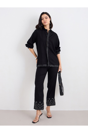 Styli Women Black Mirror-Work Longline Shirt and Pants Co-Ords