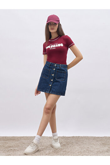Styli Burgundy Slogan Print T-Shirt with Overlock Seam