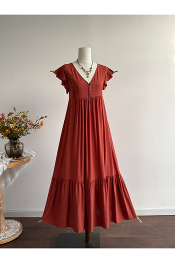 Russty Dustty By Styli Rust Frill Sleeves Maxi Dress
