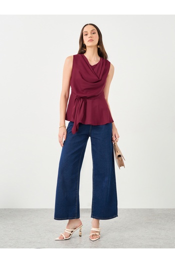 Styli Burgundy Off White Shawl Drape Sleeveless Top