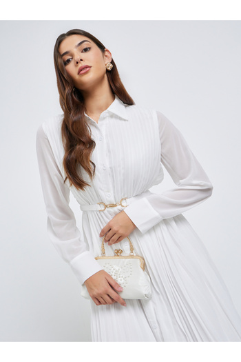 Styli Pleated Shirt Maxi Dress with Belt Detail