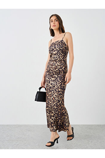 Styli Leopard Print Gathered Detail Slip Midi Dress