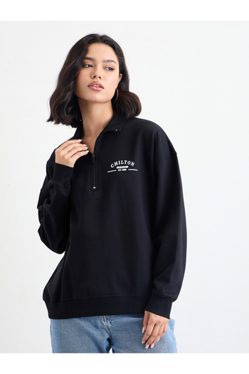 Styli Regular Fit Slogan Sweatshirt with Half Zip