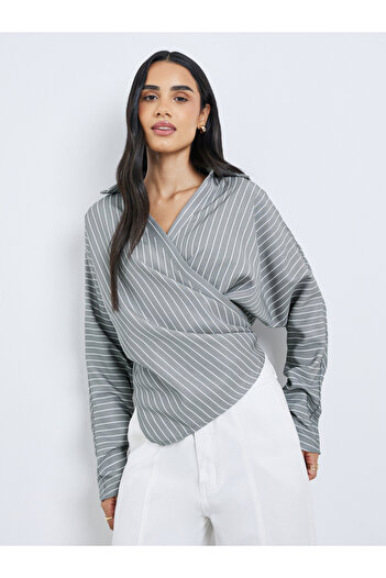 Styli Women Grey Striped Batwing Sleeves Wrap Top
