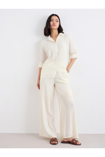 Styli Women Cream Crinkled Oversized Shirt and Pants Co-Ords