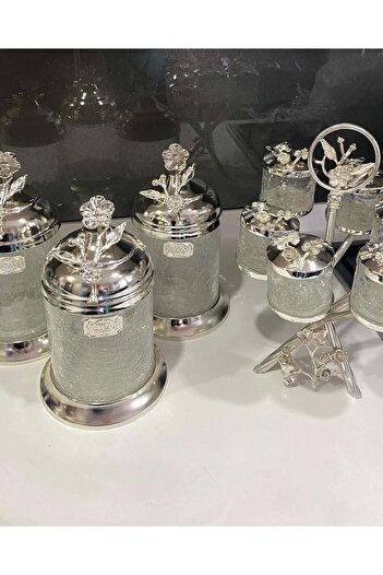 AZADE BAKIR Silver Rice Japonguelle Without Legs Luxury 3-Piece Jar and Midi Zigzag 6-Piece Glass Spice Bowl Set of Two