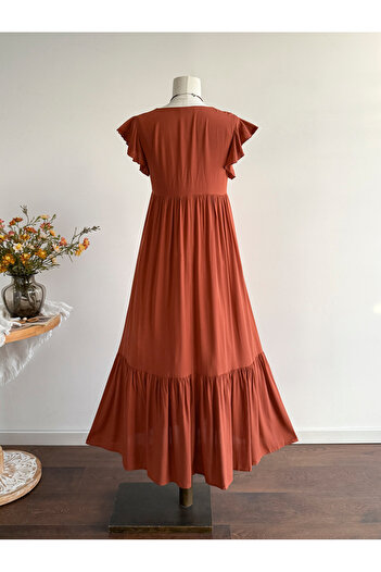 Russty Dustty By Styli Rust Frill Sleeves Maxi Dress