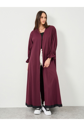 Styli Women Burgundy Lace Trim Regular Fit Maxi Kimono