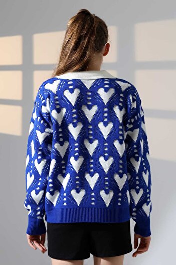 ALCHON Polo cu decolteu în V, mânecă lungă, cu model de inimă, panou jacquard, iarnă, elegant, de bază, tricotaj gros