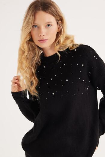 Tudors Women's Slim Fit Slim Fit Crew Neck Embroidered Black Sweater
