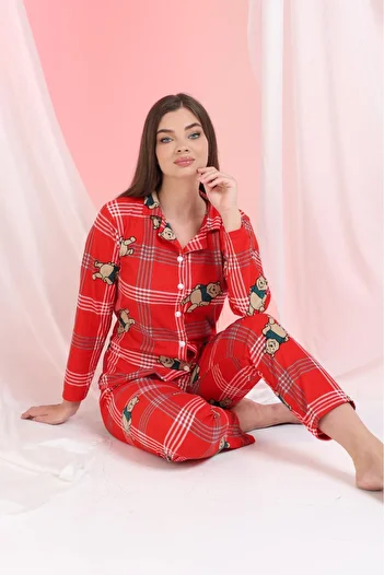 Elit Red Plaid Winnie Bear Front Button Winter Suede Velvet Women's Pajamas Set
