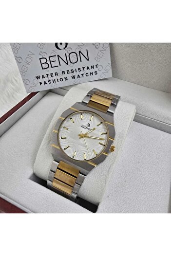 benon Men's stainless steel watch with a silver and gold strap and an elegant white dial