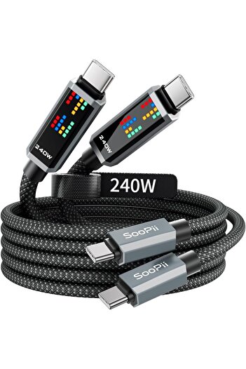 SooPii 240W USB C to USB C Cable, 2M-2Pack Fast Charging Cable with LED Display, Nylon Type C Chargi