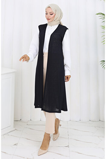 sefamerve Simple Thin Basic Long Vest Women's Vest Plus Size Vest 8763-03 Dark Navy Blue