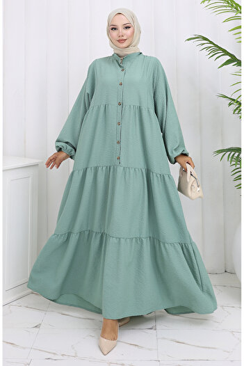 sefamerve Seersucker Fabric Half Button Dress 2131-03 Green
