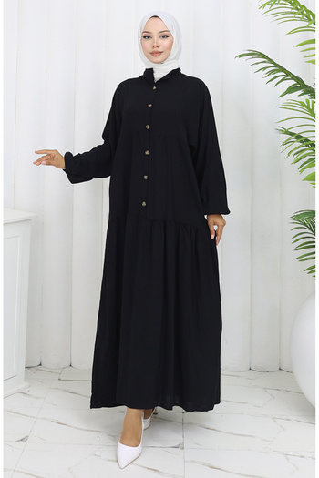 sefamerve Viscose fabric half button dress 2130-02 black