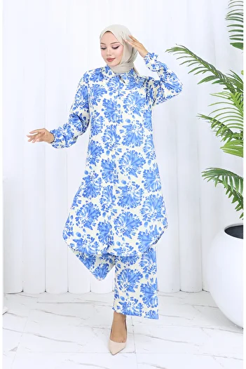 sefamerve Patterned tunic pants double set 0126-01 indigo