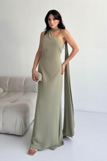 Serica Moda Khaki Scarf Detailed One Shoulder Dress